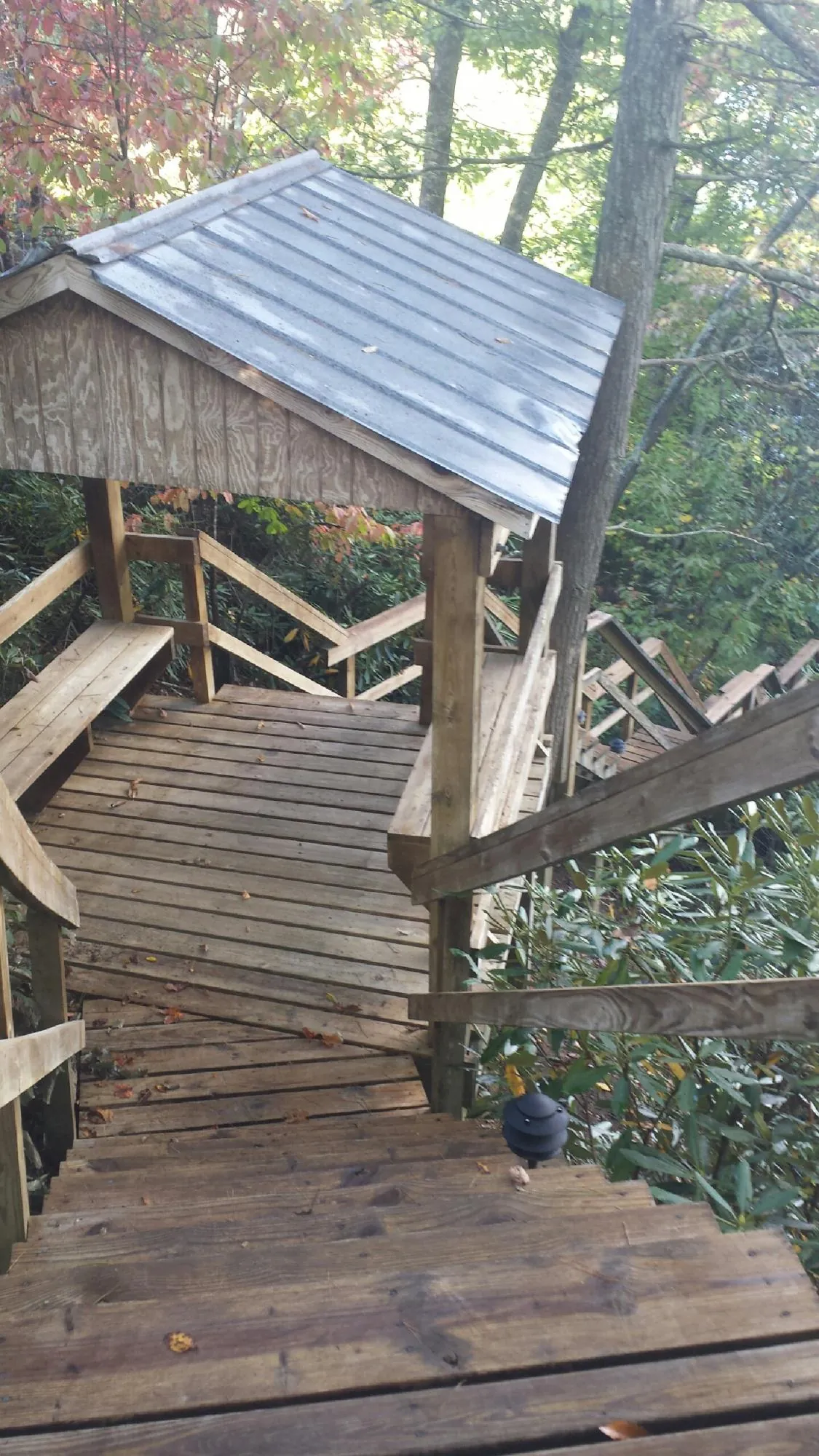 Metal roofed shelter over wooden steps on a wooded walkway — Skylight Repair & Installation work by our crew in Saint Bonifacius